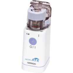 Weißes Inhalationsgerät mit blauem Knopf und durchsichtigem oberen Teil.