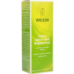 Grüne Verpackung von Weleda Citrus Hand- und Nagelcreme für trockene Hände.
