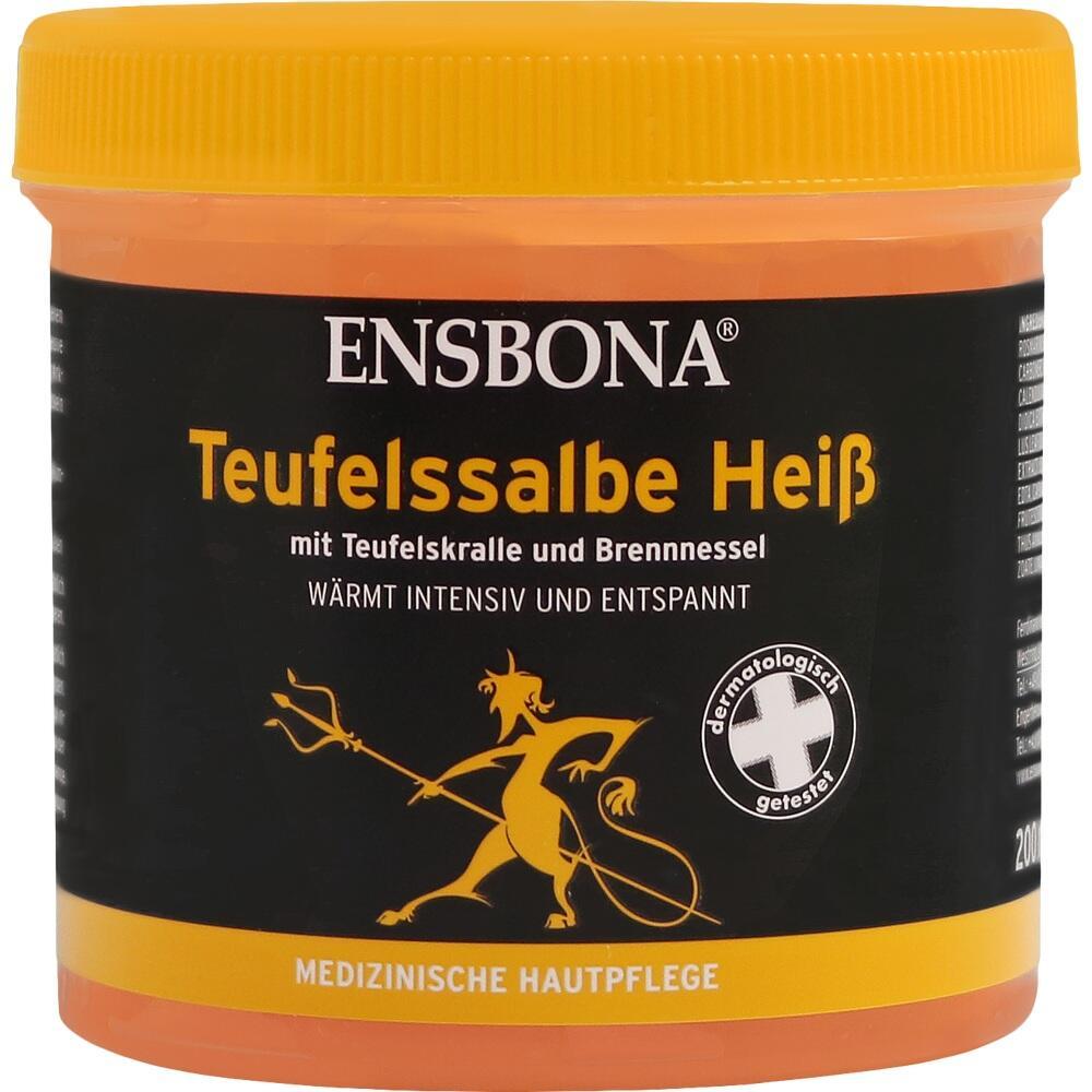 Orangener Behälter mit der Aufschrift "Teufelssalbe Heiß" und einem kleinen Teufel als Logo.
