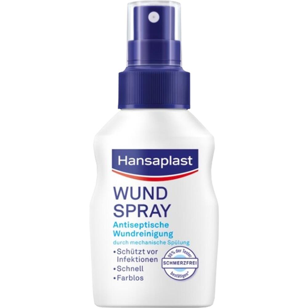 Weiße Sprühflasche von Hansaplast mit der Aufschrift "Wundspray".